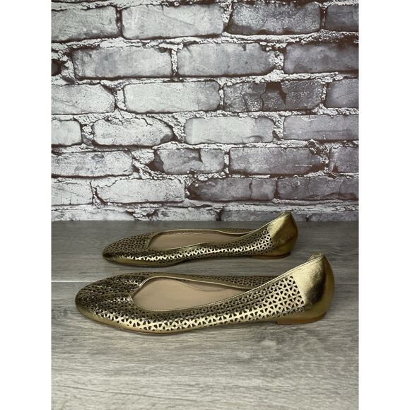 J.Crew Nora Metallic Gold Leather Perforated Ballet Flats Women’s Sz 10M US/41EU - Picture 1 of 16